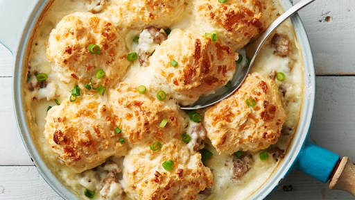 Skillet Cheddar Biscuits And Sausage Gravy￼