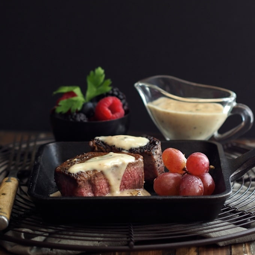 Expresso Coated Filet Mignon with Brandy Peppercorn and Parmesan Cheese Sauce￼